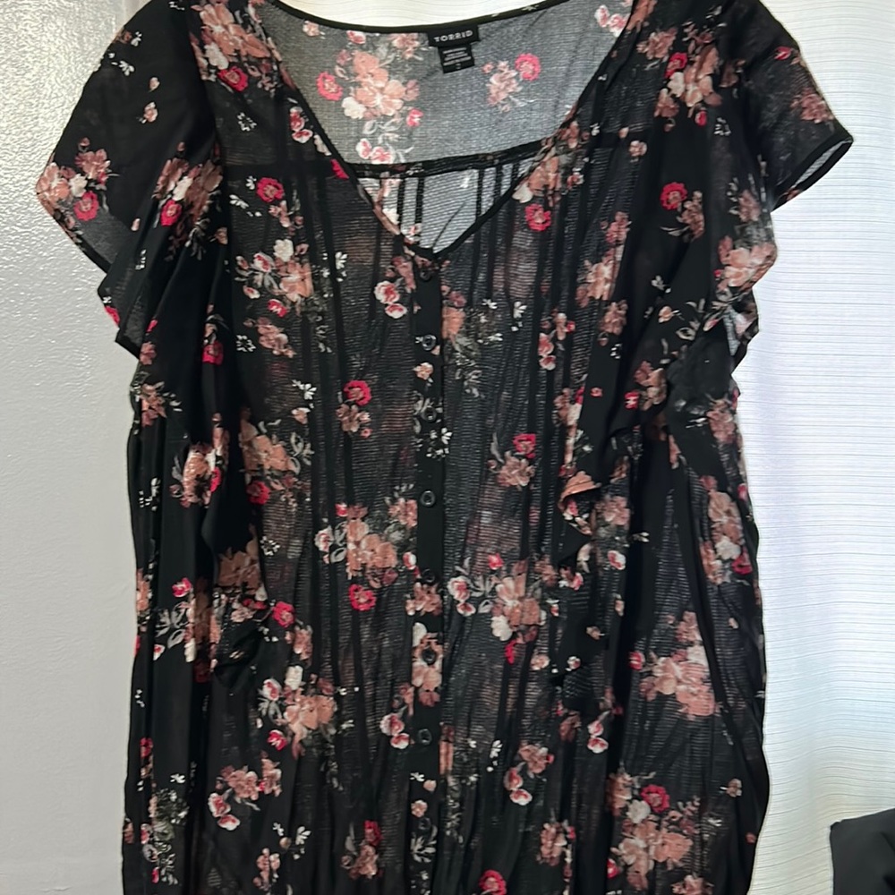 Black floral button up blouse
